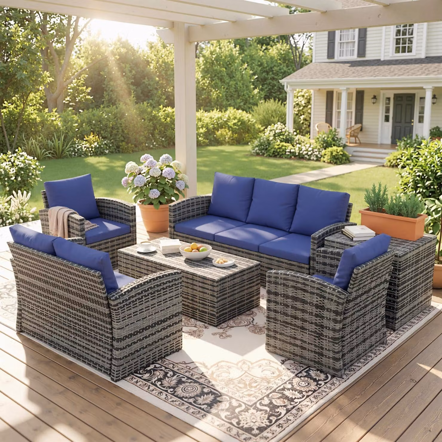 Outsunny 6 Piece Rattan Garden Furniture Set with Navy Blue Cushions and Storage Tea Table – 2