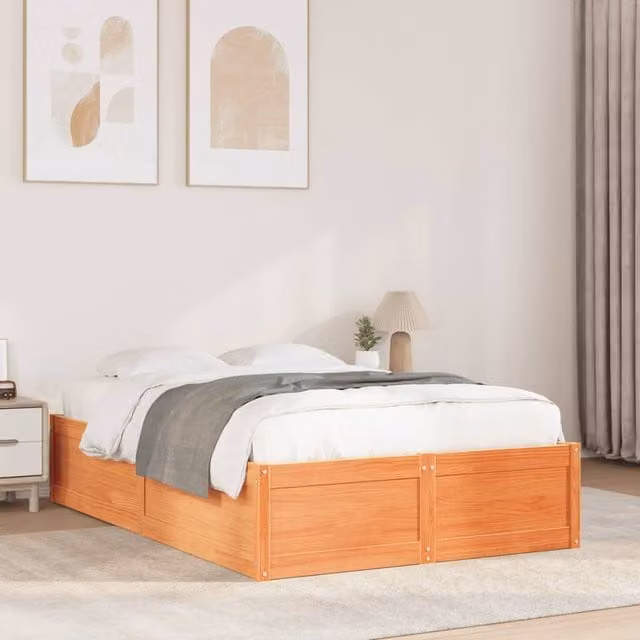 Berkfield Home Double Solid Wood Pine Bed Frame in Wax Brown, W: 135 cm, L: 190 cm