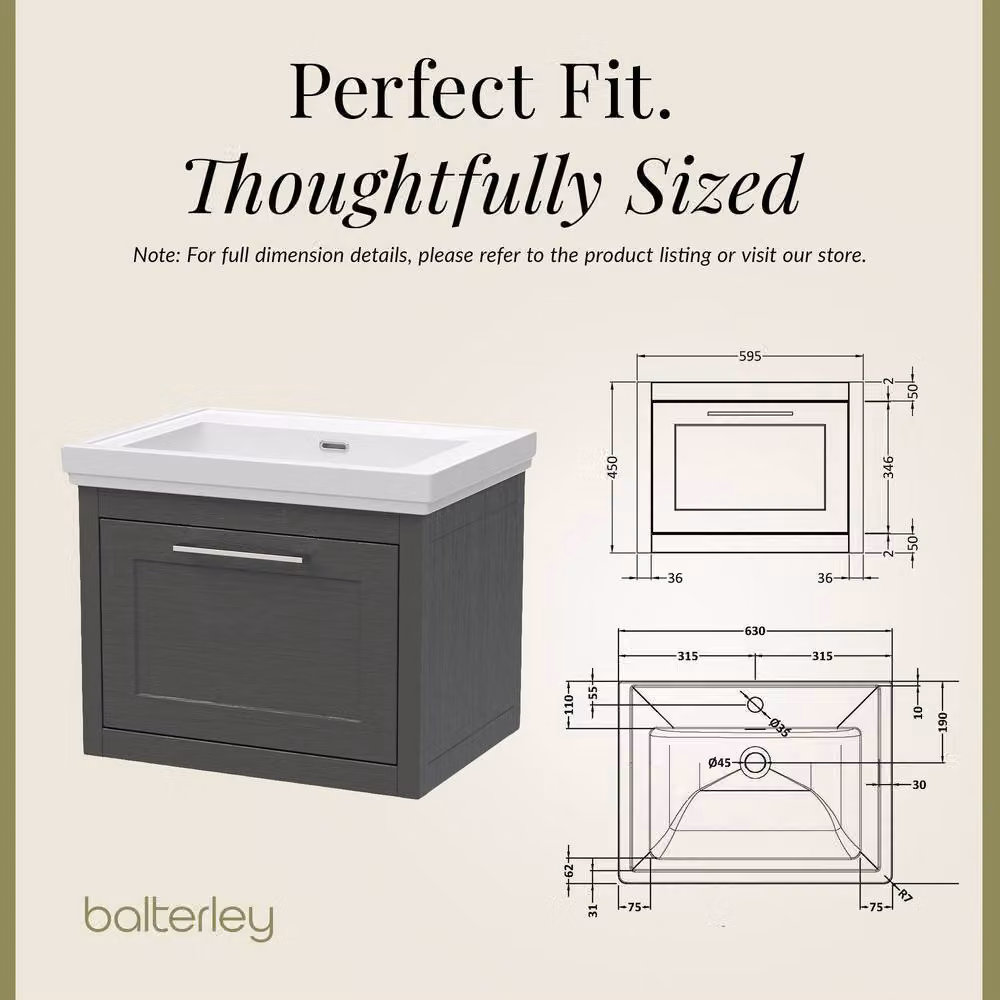 Balterley Wall Hung Modern Single Drawer Vanity Unit with Basin in Dark Grey, W: 60 cm, D: 51.5 cm, H: 47.1 cm – 4