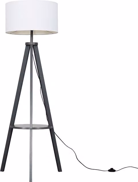 ValueLights Morrigan Grey Wood Tripod Floor Lamp with White Fabric Drum Shade