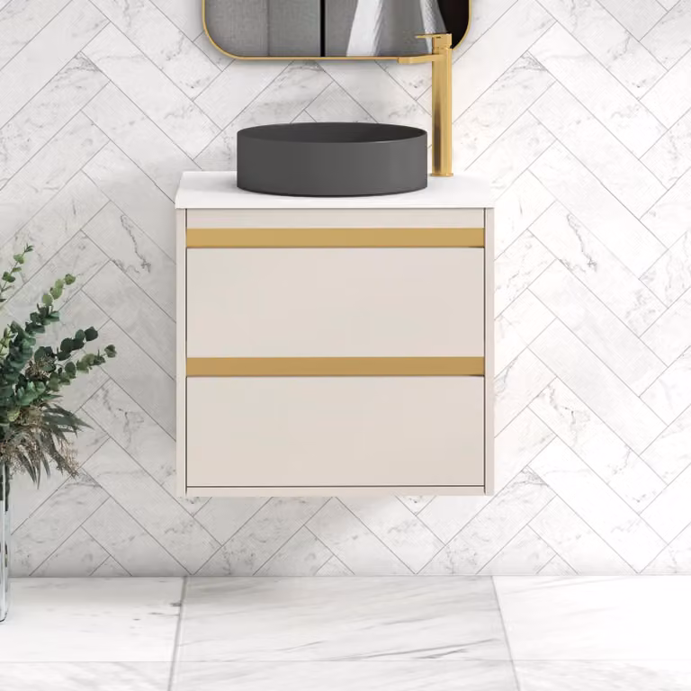 Royal Bathrooms Orion 600mm Wall Hung Vanity Unit in Warm Taupe with White Countertop, 2 Drawers, Art Round Basin and Brushed Brass Accents