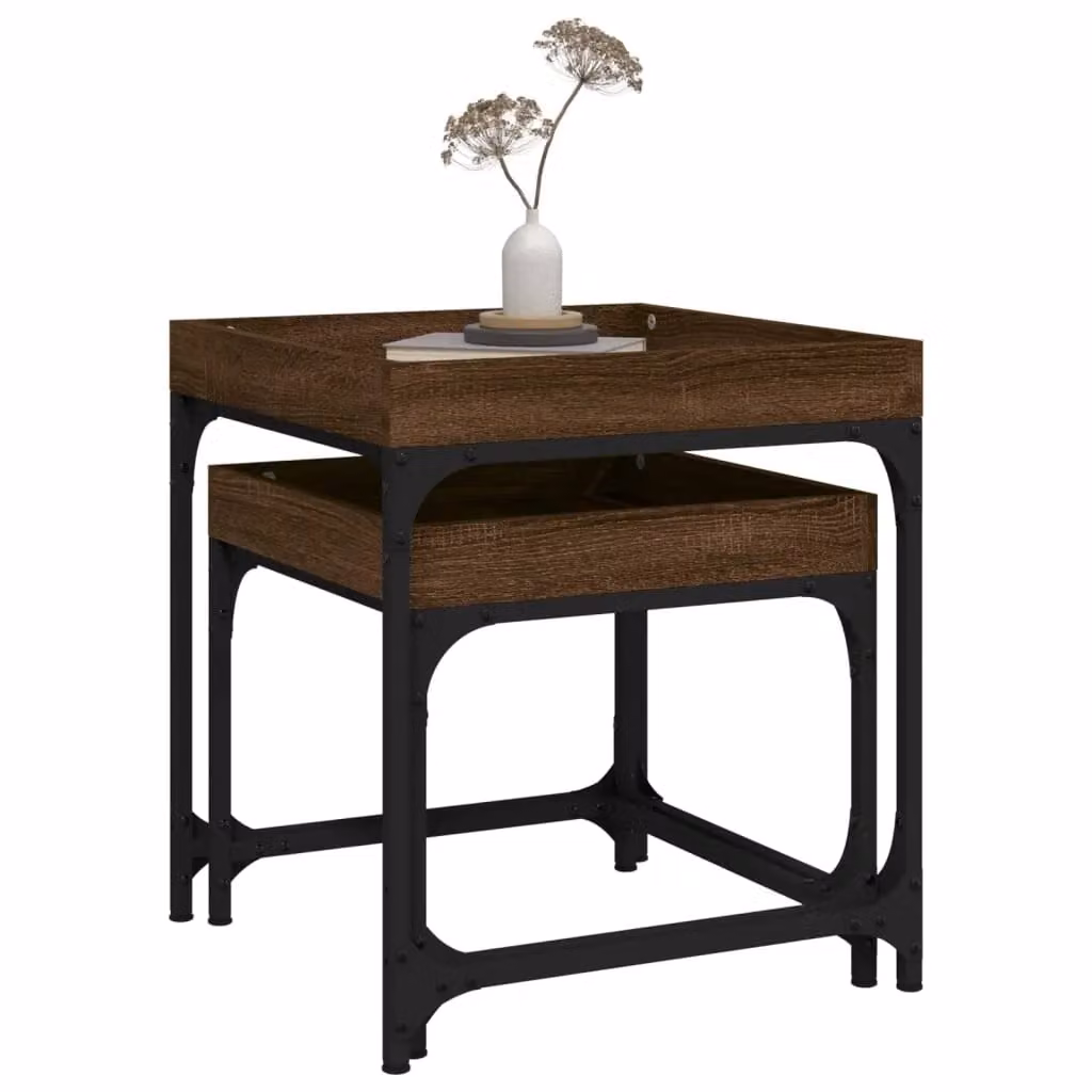 Berkfield Home Set of 2 Brown Oak Nested Side Tables with Height Adjustable Square Tops – 4
