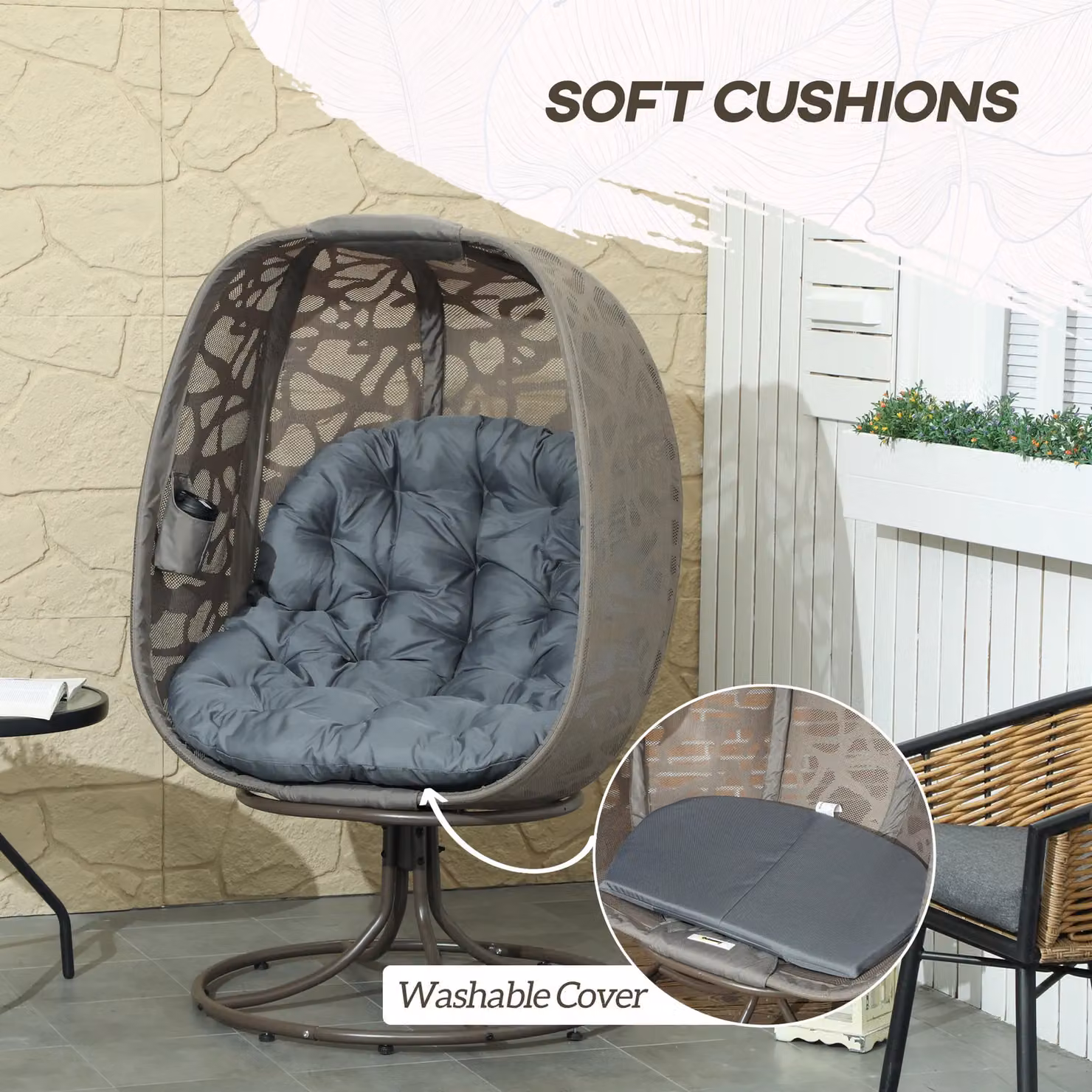 Outsunny Foldable Swivel Egg Chair with Cushions and Metal Frame, Grey – 4