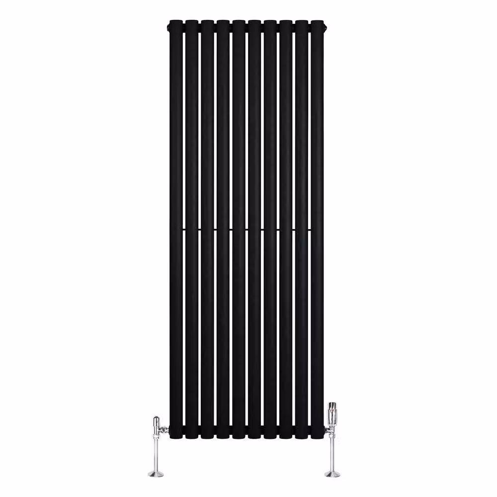 Monstershop Oval Single Column Steel Radiator with Integrated Valves and Thermostat Head, Black, H: 160 cm, W: 60 cm – 2