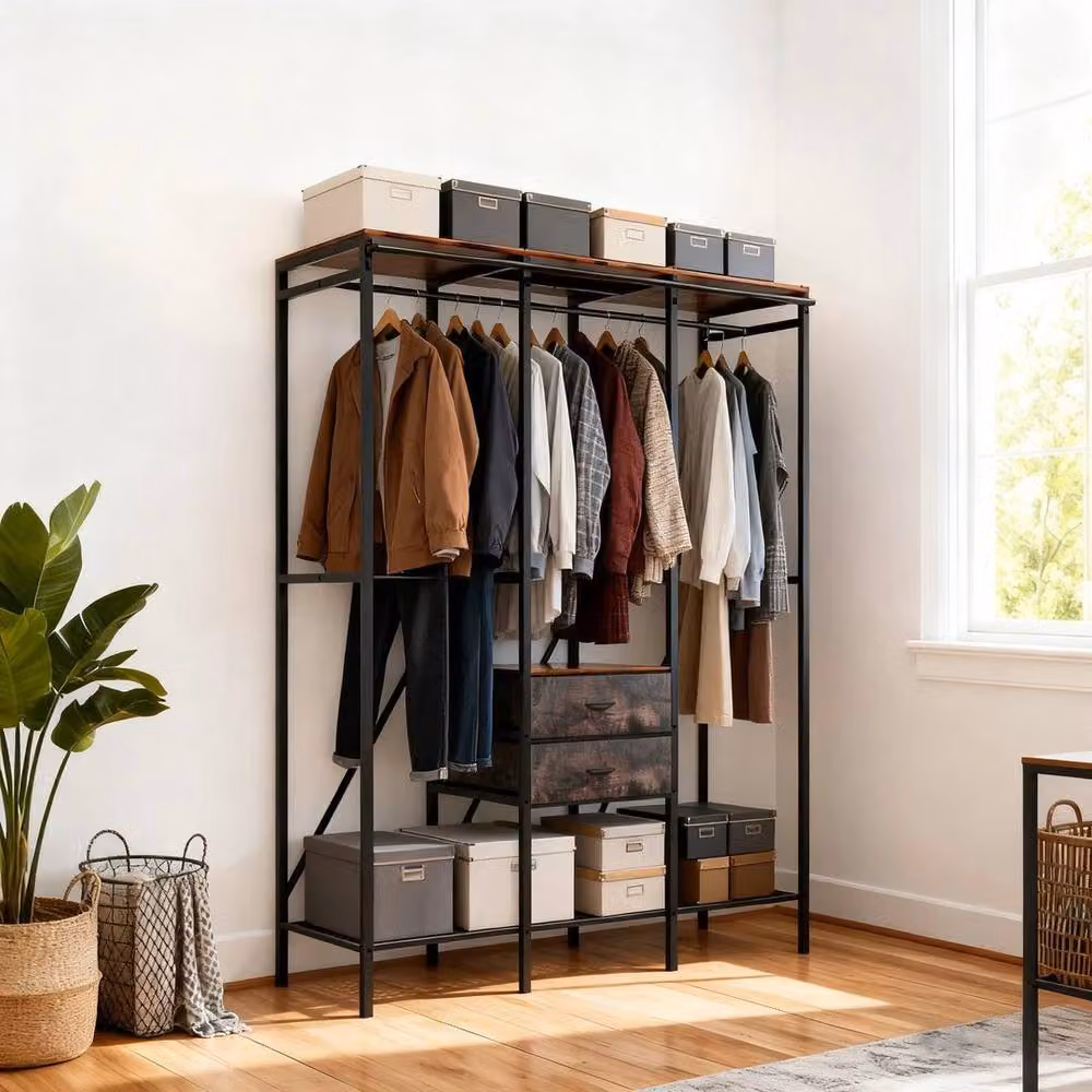 FORGEVIO Industrial Open Wardrobe Clothes Rail with Internal Shelves in Black and Brown – 4