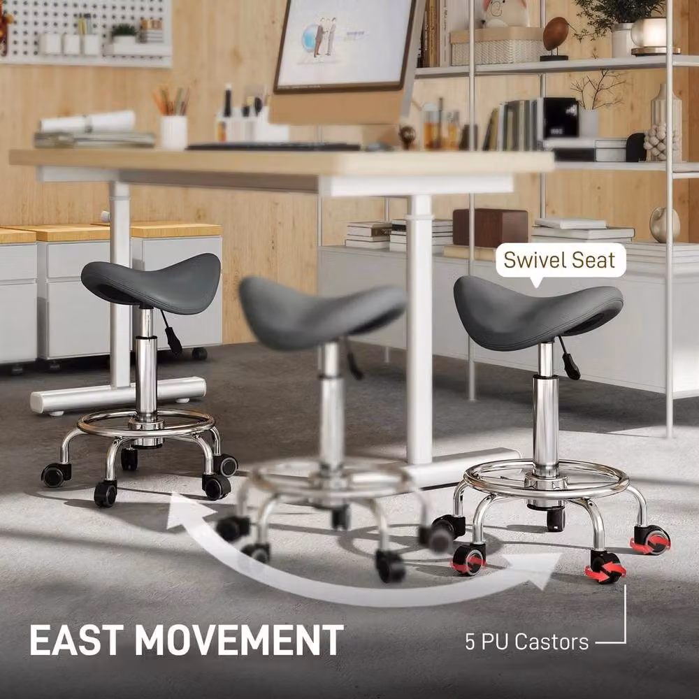 NESTLUNE Grey Saddle Chair with Castors and Synthetic Leather Seat – 3