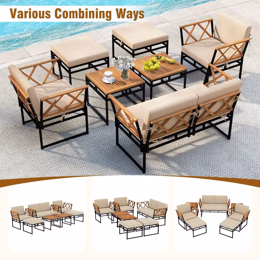 Costway 7 Piece L-Shape Outdoor Conversation Set with Metal Frame and Beige Upholstered Cushions – 3
