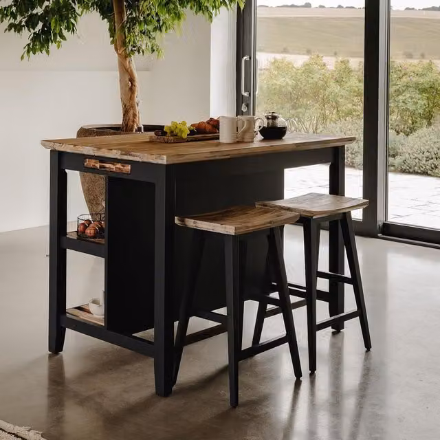 Florence Breakfast Bar with Shelves in Navy Blue Acacia Wood