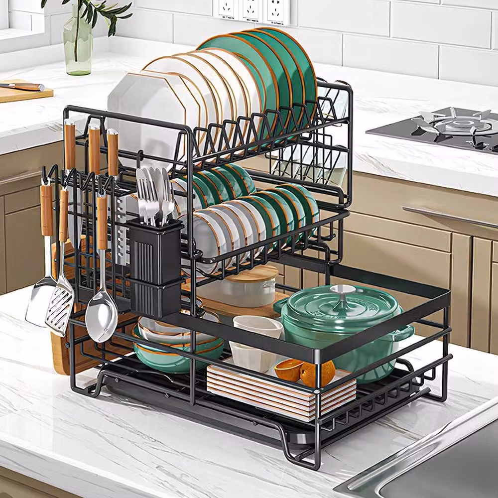 EONLION 3 Tier Black Dish Drainer Rack with Cutlery Holder and Drip Tray – 5