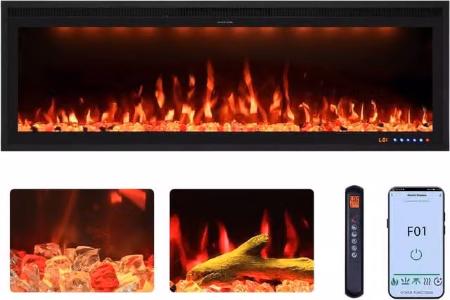 Omni-Burn Black Recessed or Wall Mounted Electric Fireplace with App Control and 13 Colours, W/D/H: 127 x 16.02 x 42.84 cm