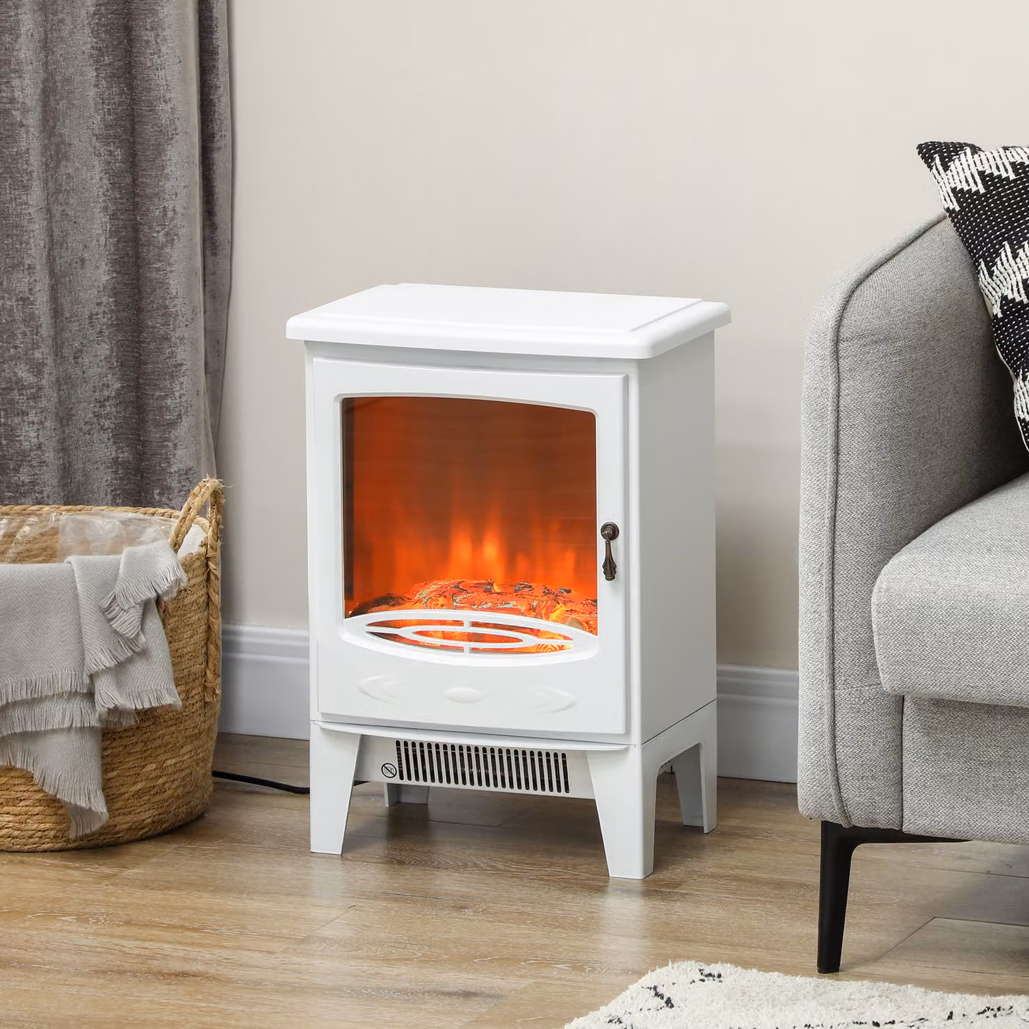 HOMCOM Freestanding Electric Fire with Realistic Flame Effect and Overheat Protection, White – 2