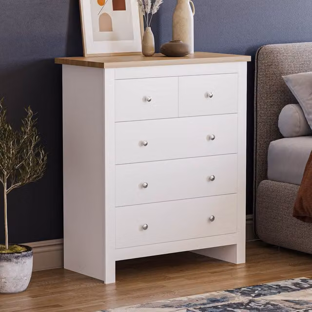 Vida Designs Arlington 5 Drawer Chest in White and Silver