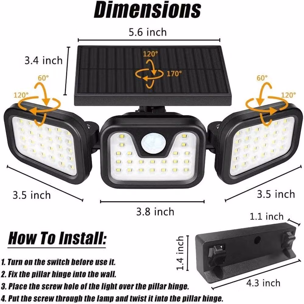 VOGREX 3-Head Solar LED Floodlight with PIR Motion and Dusk Sensor, Black – 2