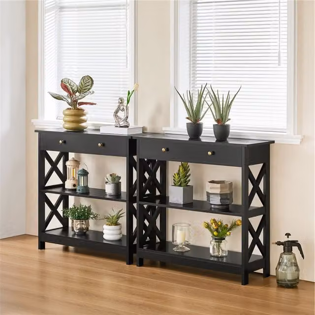 Yaheetech Modern Black Console Table with Drawer and Shelves
