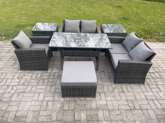 Fimous Wicker Rattan Garden Dining Set in Dark Grey with Double Sofa, Dining Table, Two Side Tables and Footstool