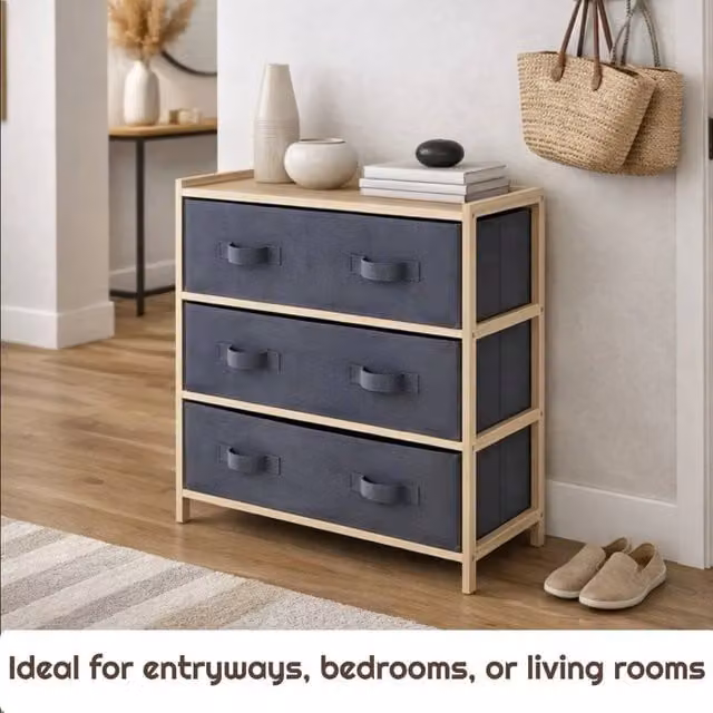 VOGREX 3 Drawer Grey Canvas Storage Unit with Pine Wood Frame – 1