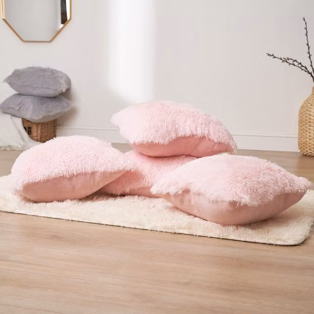 OHS Set of 2 Fluffy Shaggy Square Filled Cushions with Removable Covers in Light Pink, W/D/H: 45 x 45 x 45 cm