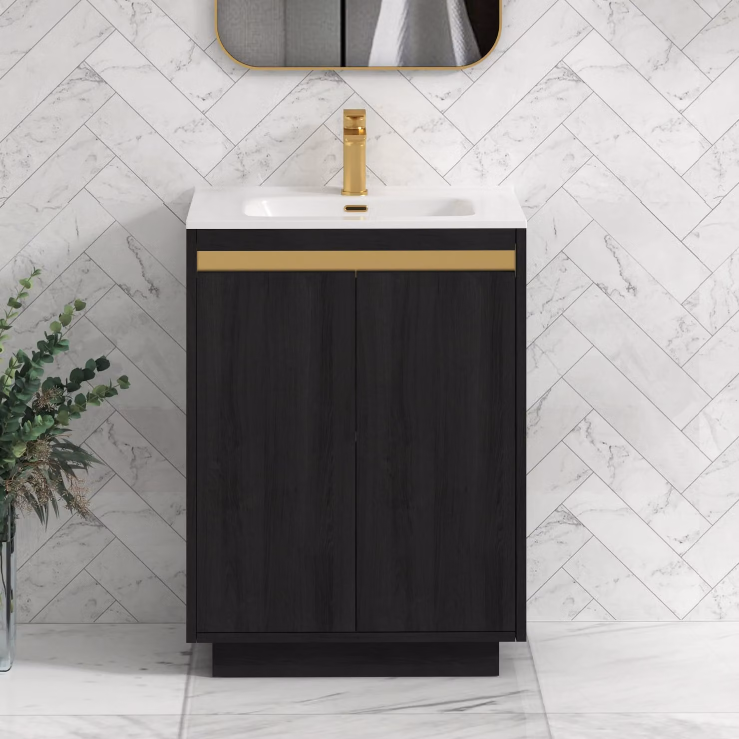Royal Bathrooms Orion 600mm Floor Standing 2 Door Vanity Unit in Hale Black with Ceramic Basin and Brushed Brass Accent Trim