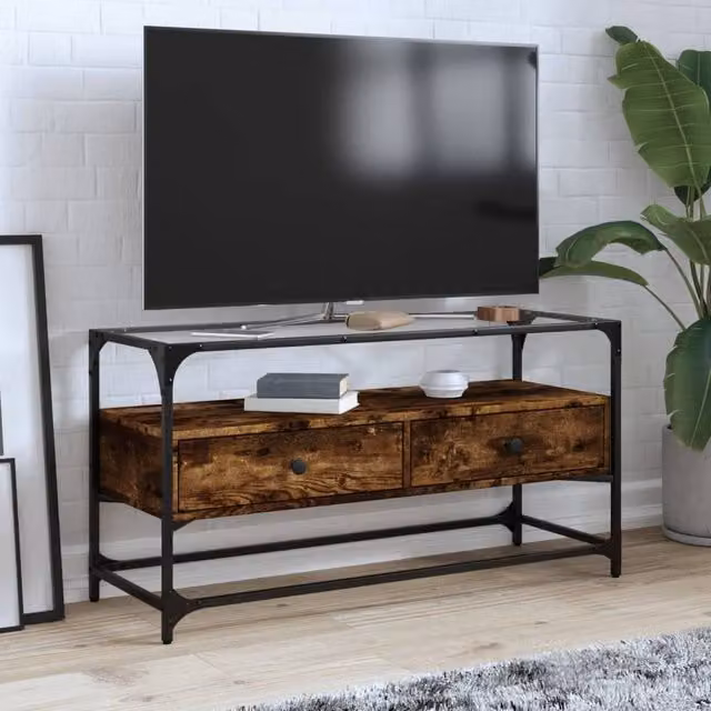 Berkfield Home Industrial TV Cabinet with Glass Top in Smoked Oak Brown, W/D/H: 98 x 35 x 51 cm