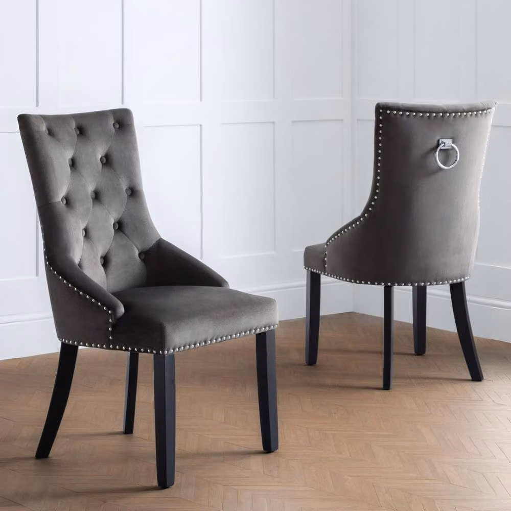 Cheshire Valentino Premium Knockerback Dining Chairs - Set of 2 in Grey Velvet with Metal Frame – 3