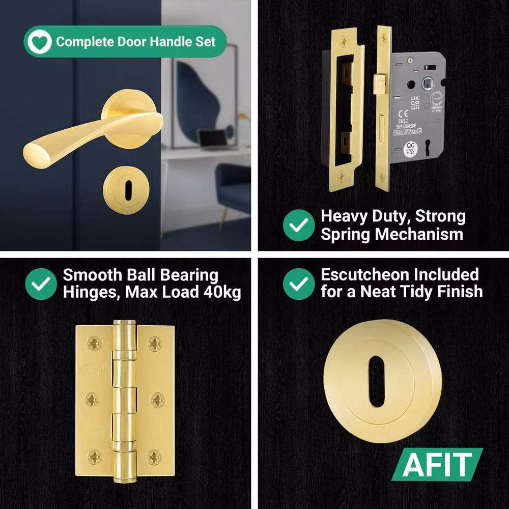 AFIT Novi Satin Brass Door Handle Set with Rose, Sash Lock, Hinges and Escutcheon in Gold, 1 Pair, W/D/H: 15.0 x 15.2 x 15.0 cm – 6