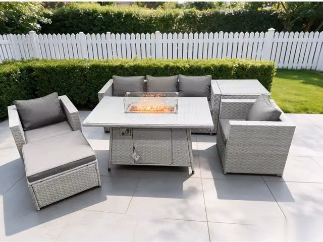 Fimous Modern Rattan Garden Furniture Set with Gas Fire Pit and Dining Table in Light Grey