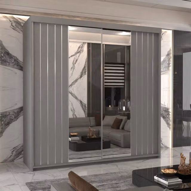 MN Furniture Merida Grey Sliding Wardrobe with Mirror and Integrated LED Lighting W/H: 150 x 217 cm