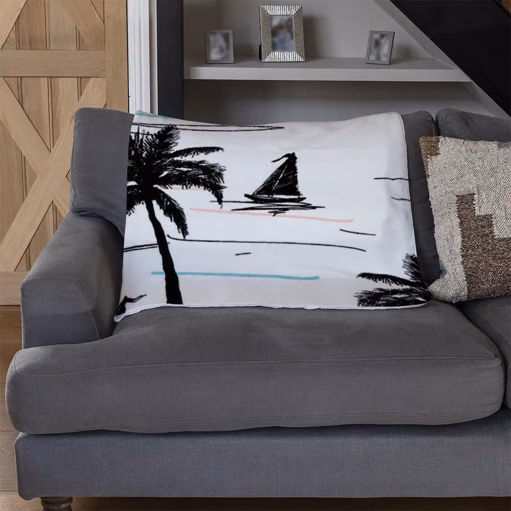 Benjamin Tate Design Palm Trees and Sailboats Fleece Blanket in Blue, Beige and White, W/D/H: 120 x 150 cm – 3