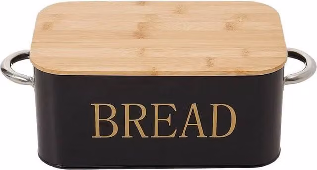 PAWNORA Black Metal Bread Bin with Bamboo Cutting Board Lid – 1