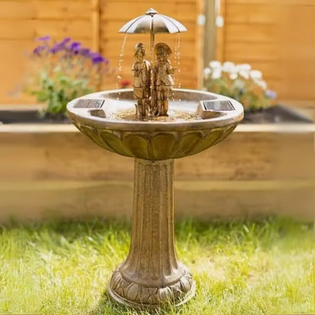 Garden Mile Sing Kids Solar Tabletop Water Fountain, Brown Stone Effect Round Design