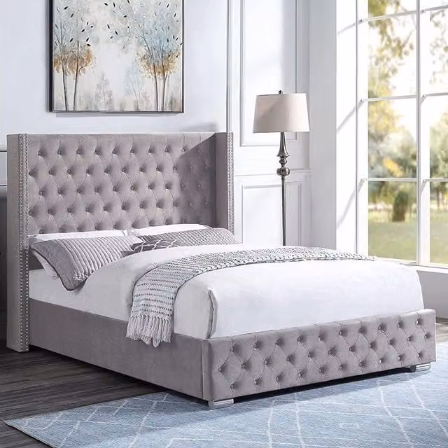 Home Treats Grey Silver Velvet Upholstered Ottoman Bed Frame with Lift Up Base, W/D/H: 180 x 200 cm