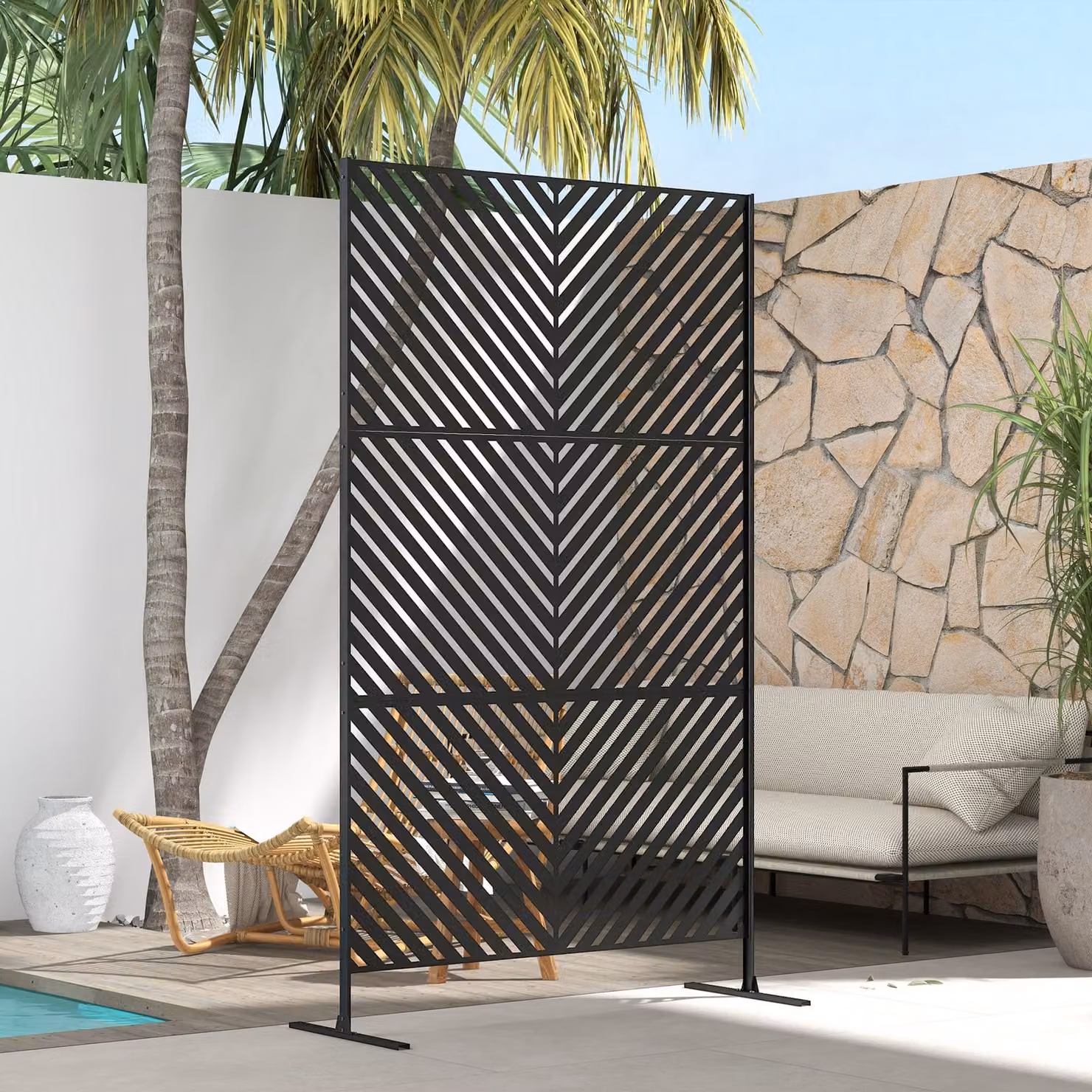 Outsunny Black Metal Decorative Outdoor Privacy Screen and Trellis with Stand, Geometric Modern Design, H: 198 cm, W: 120 cm – 7
