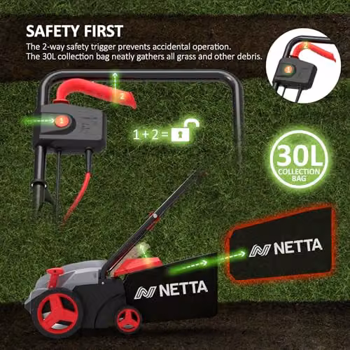 Netta 1500W Electric Lawn Scarifier and Aerator in Grey and Red with 320mm Working Width and 30L Collection Box – 5