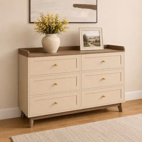 Melody Maison Oswin Large 6 Drawer Chest of Drawers in Cream and Wood, W/D/H: 120 x 40 x 79 cm – 1