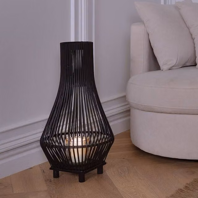 Wyld and Coco Black Bamboo Candle Lantern with Glass Insert, Height: 38 cm – 1