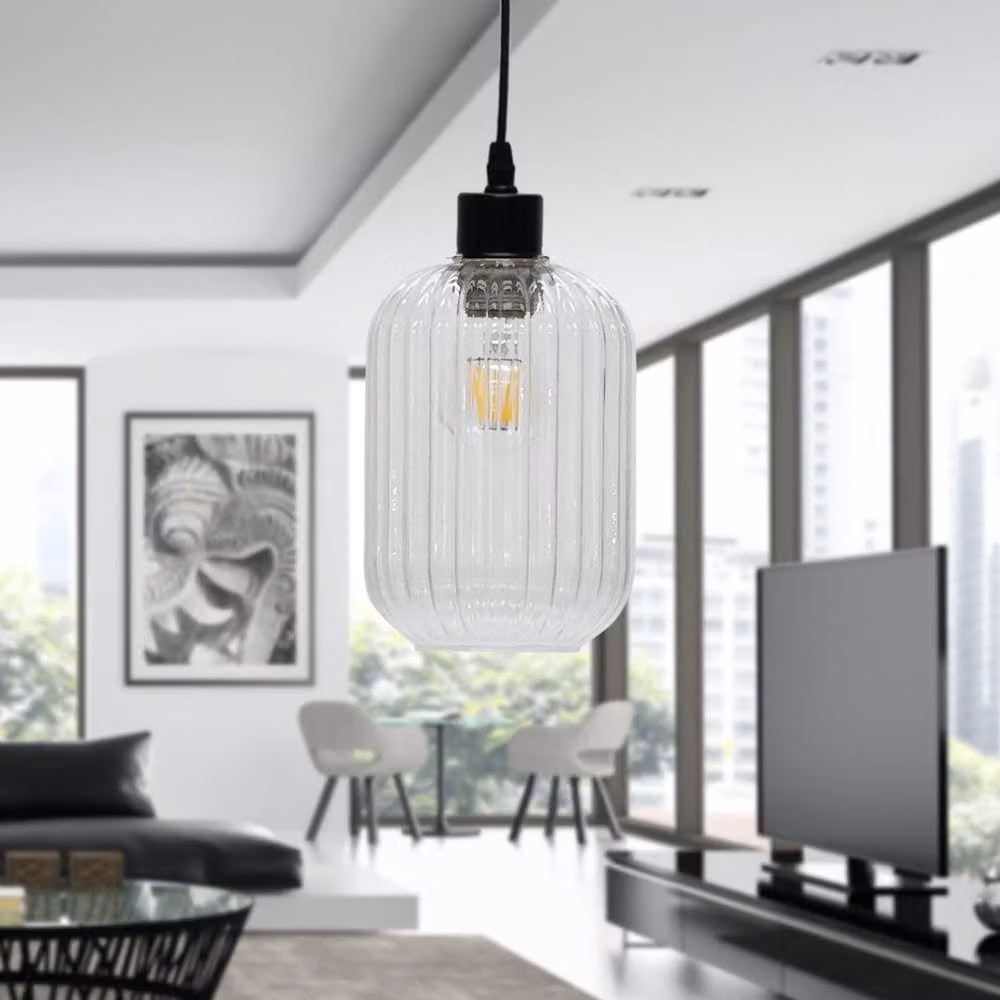First Choice Lighting Batley Suspended Pendant Light with Transparent Ribbed Glass and Black Metal Fitting – 2