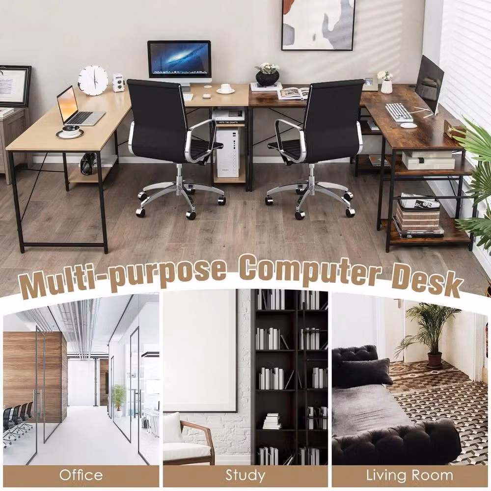 VOGREX L-Shaped Corner Computer Desk with Storage Shelves in Brown – 2