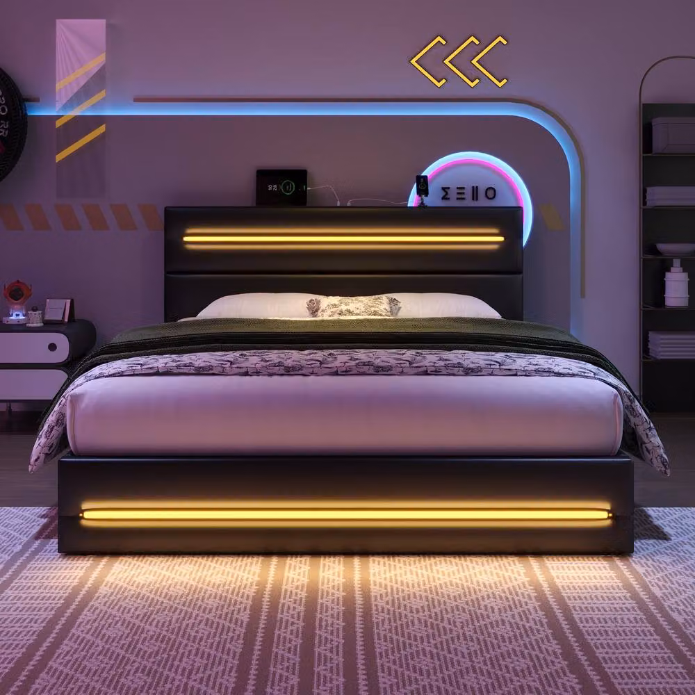 Rolipo Double Upholstered Ottoman Bed Frame in Black with LED Lighting and USB Ports – 2