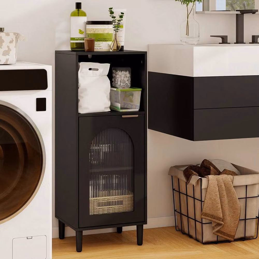 KORVIXA Black Lacquered Wood Freestanding Side Storage Cabinet with Glass Doors and Internal Shelves, W: 90 cm, H: 65 cm – 3
