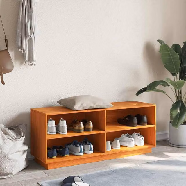 Berkfield Home Wax Brown Solid Wood Pine Shoe Cabinet W/D/H: 110 x 34 x 45 cm – 1