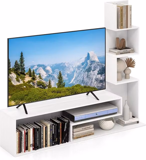 Gymax L-shaped Media Console Table with Open Shelves in White