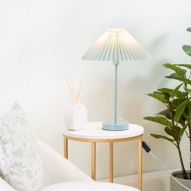 ValueLights Akira Slim Table Lamp with Blue Fabric Pleated Shade and LED Bulb