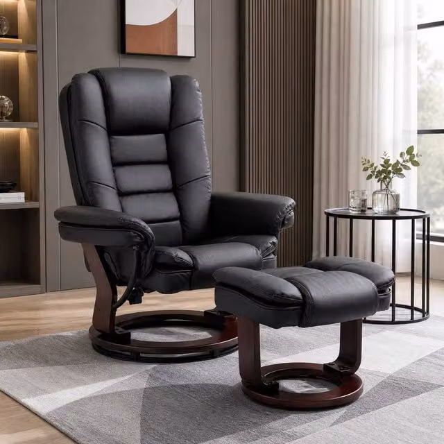 STILVORA Modern Black PU Leather Recliner Armchair with Ottoman and Swivel Function
