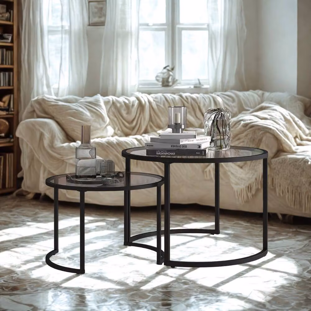 FURNOS Set of 2 Round Black Nesting Tables with Tempered Glass Tops – 4