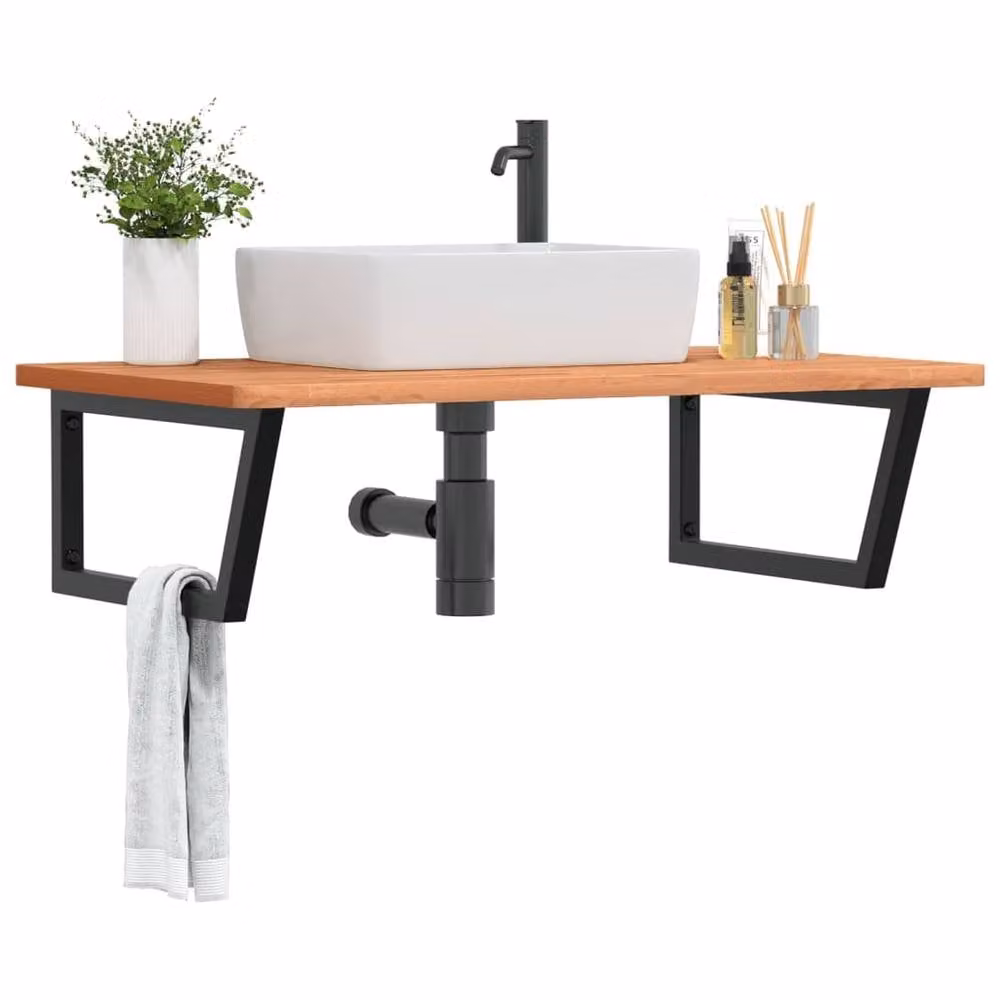 Berkfield Home Elegant Wall Mounted Basin Shelf in Brown Beech Wood and Black Metal, W/D/H: 60 x 27.5 x 60 cm