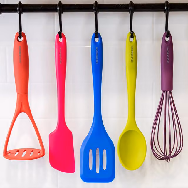 Colourworks Brights 5 Piece Complete Kitchen Utensil Set in Pink and Multicolour, Heat Resistant and Non-Scratch Silicone and Nylon