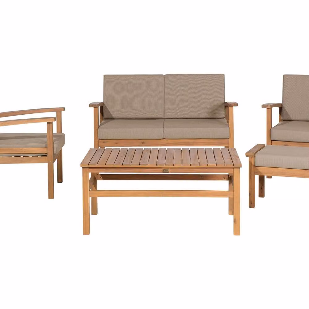Wyld and Coco 4 Seater Garden Sofa Set with Acacia Wood Frame, Coffee Table and Ottoman in Brown with Taupe Cushions – 2