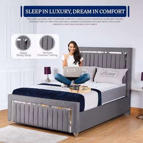 Living Comfort Bedz Zurich Plush Velvet Super King Gas Lift Storage Bed in Grey with Silver Trim Detailing – 2