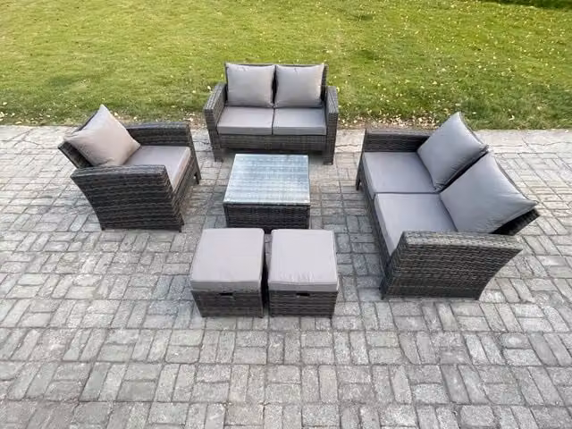 Fimous 7 Seater Rattan Garden Furniture Set in Dark Grey with Coffee Table, Chair and 2 Footstools