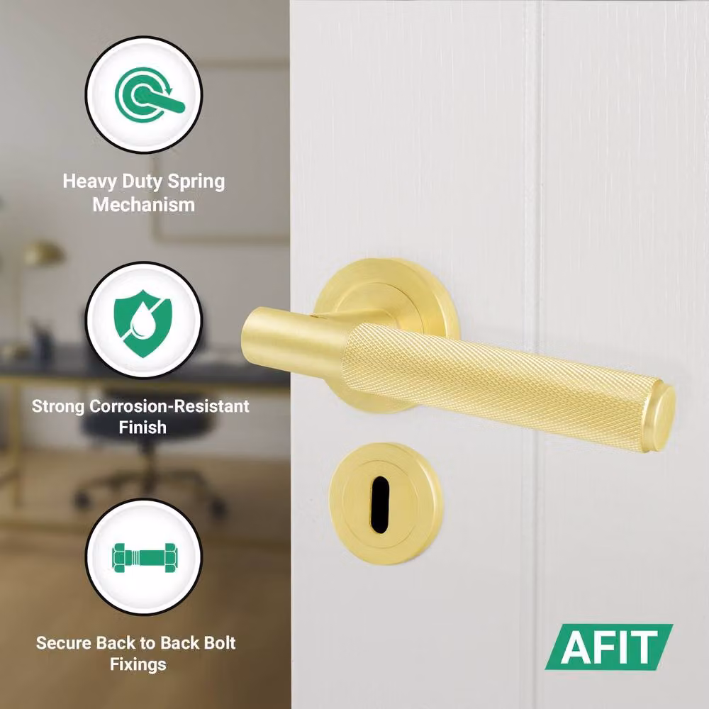 AFIT Satin Brass Round Rose Door Handle with Key Lock and Hinges in Gold – 2